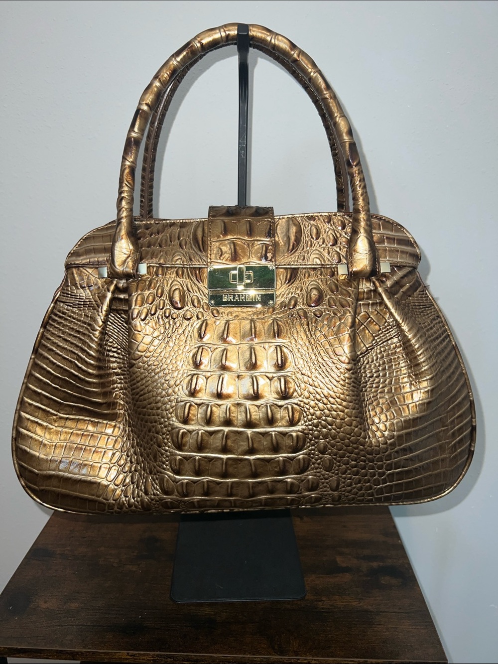 Brahmin Metallic Gold Croc-Embossed Satchel